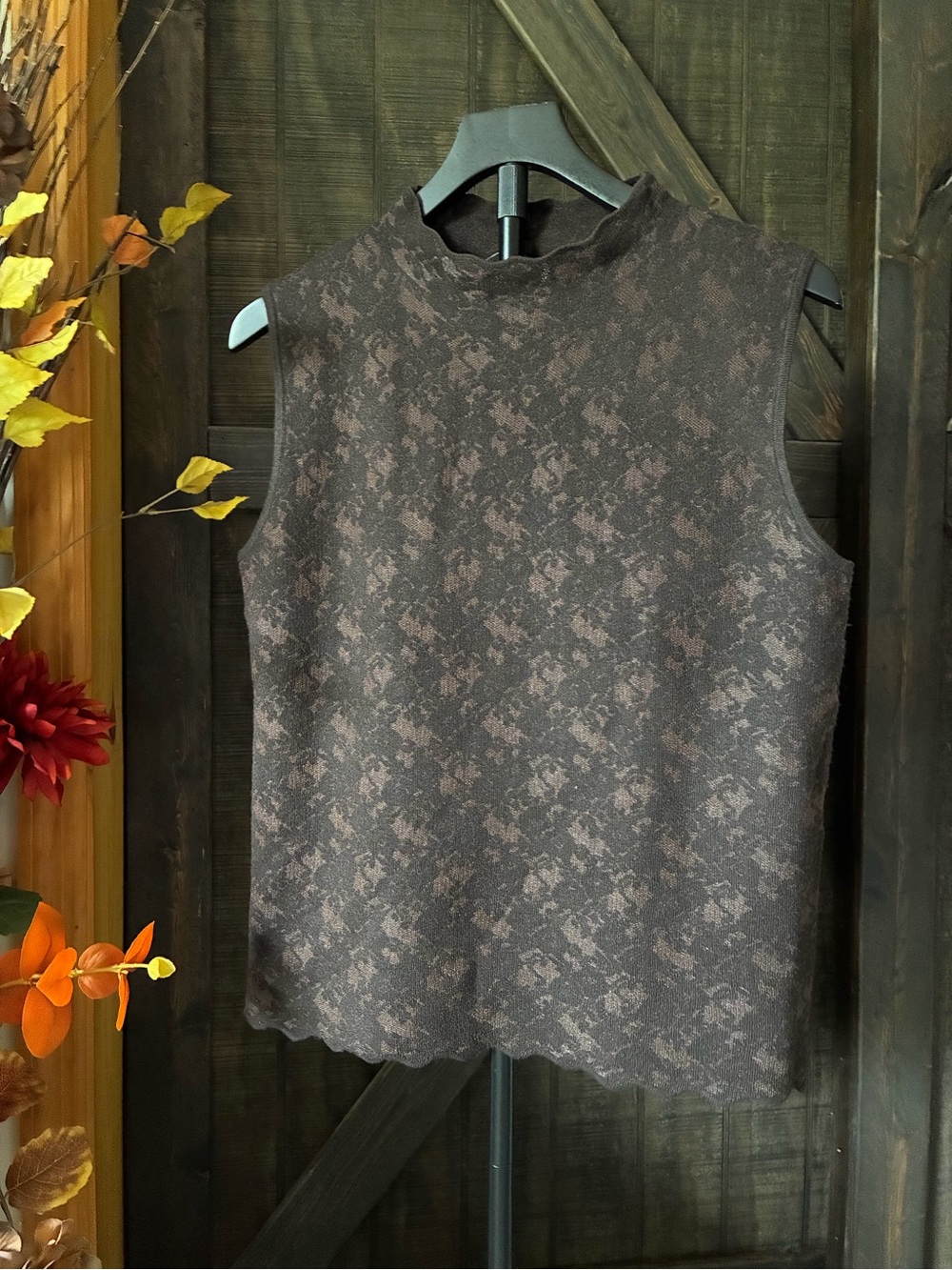 Sioni Brown Lace-Pattern Mock Neck Tank Top